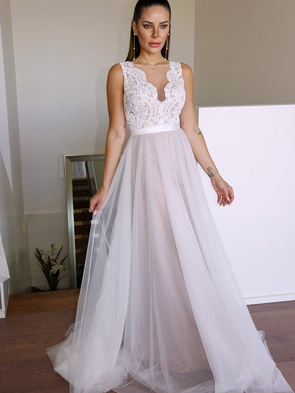 A-Line/Princess Tulle Lace Scoop Sleeveless Sweep/Brush Train Wedding Dresses DFP0006028