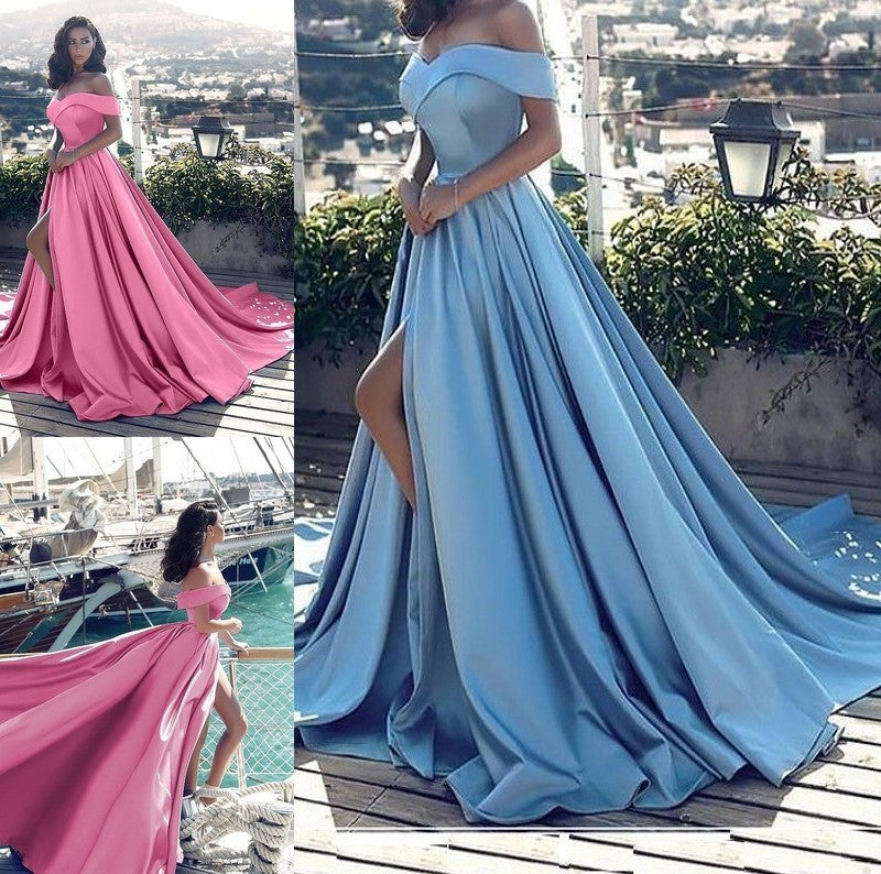 A-Line/Princess Sleeveless Off-the-Shoulder Ruffles Satin Court Train Dresses DFP0001567