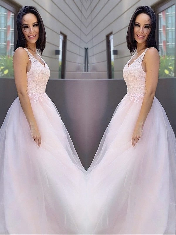 A-Line/Princess V-neck Sleeveless Applique Tulle Floor-Length Dresses DFP0001522