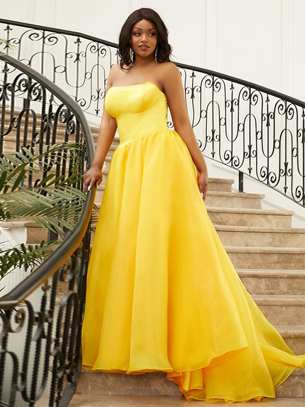 A-Line/Princess Satin Ruffles Strapless Sleeveless Sweep/Brush Train Dresses DFP0001617