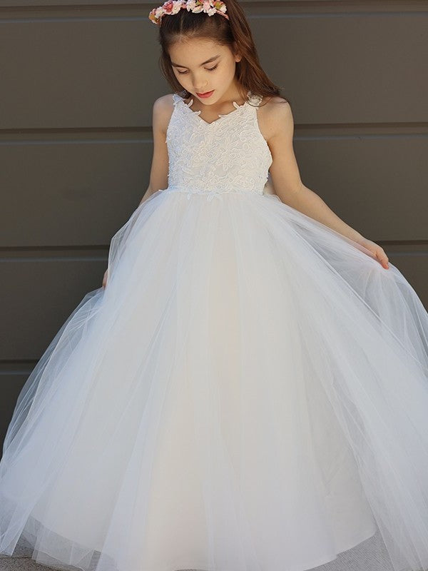 A-Line/Princess Tulle Bowknot Sweetheart Sleeveless Floor-Length Flower Girl Dresses DFP0007458