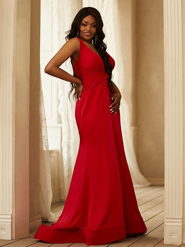 Sheath/Column Satin Ruched V-neck Sleeveless Sweep/Brush Train Dresses DFP0001756