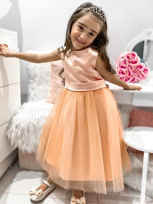 A-Line/Princess Tulle Bowknot Scoop Sleeveless Tea-Length Flower Girl Dresses DFP0007500