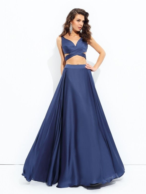 A-line/Princess Straps Sleeveless Long Satin Chiffon Two Piece Dresses DFP0002457