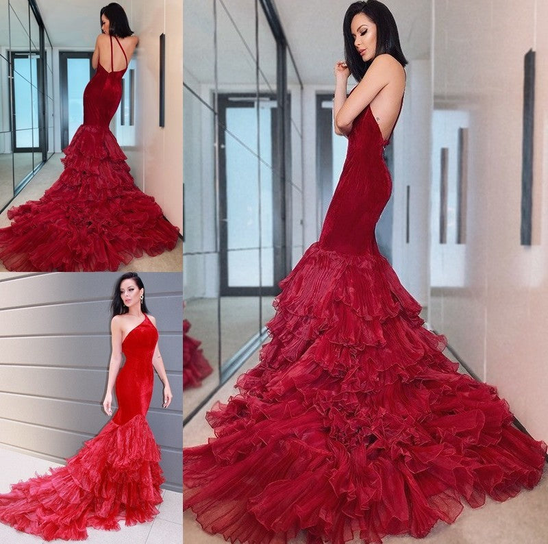 Trumpet/Mermaid Organza Layers One-Shoulder Court Train Sleeveless Dresses DFP0001624