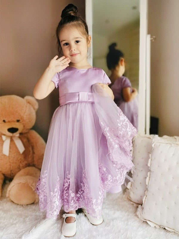 A-Line/Princess Tulle Lace Scoop Short Sleeves Ankle-Length Flower Girl Dresses DFP0007467