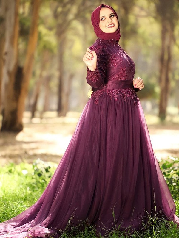 Ball Gown High Neck Tulle Applique Long Sleeves Sweep/Brush Train Muslim Dresses DFP0004669