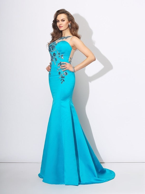 Trumpet/Mermaid Scoop Applique Sleeveless Long Satin Dresses DFP0002907