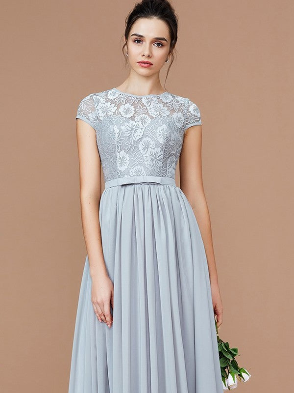 A-Line/Princess Jewel Short Sleeves Lace Floor-Length Chiffon Bridesmaid Dresses DFP0005264