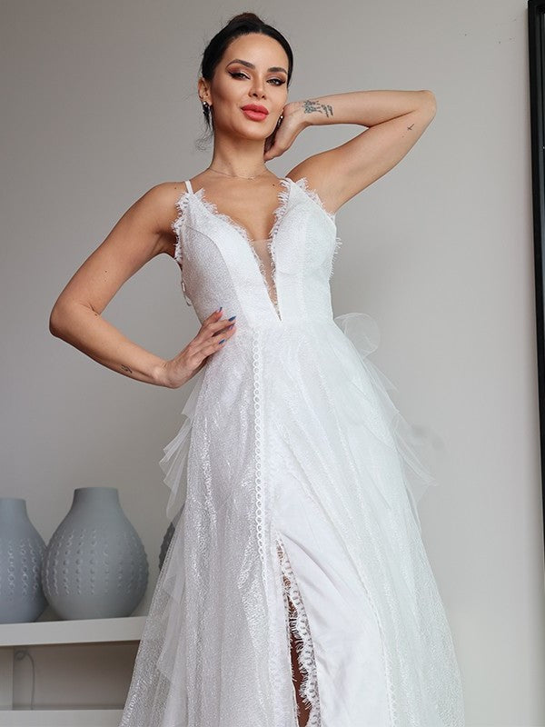 A-Line/Princess Lace Ruffles V-neck Sleeveless Sweep/Brush Train Wedding Dresses DFP0006454