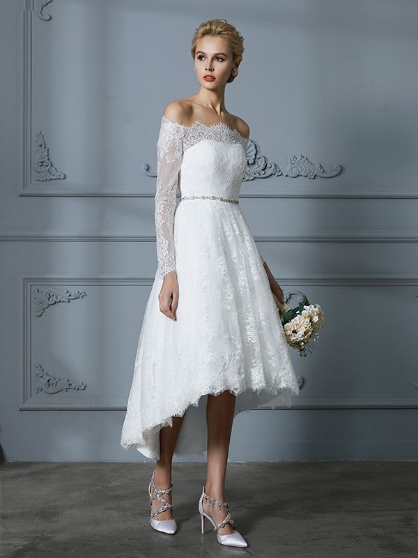 A-Line/Princess Long Sleeves Off-the-Shoulder Asymmetrical Lace Wedding Dresses DFP0006338