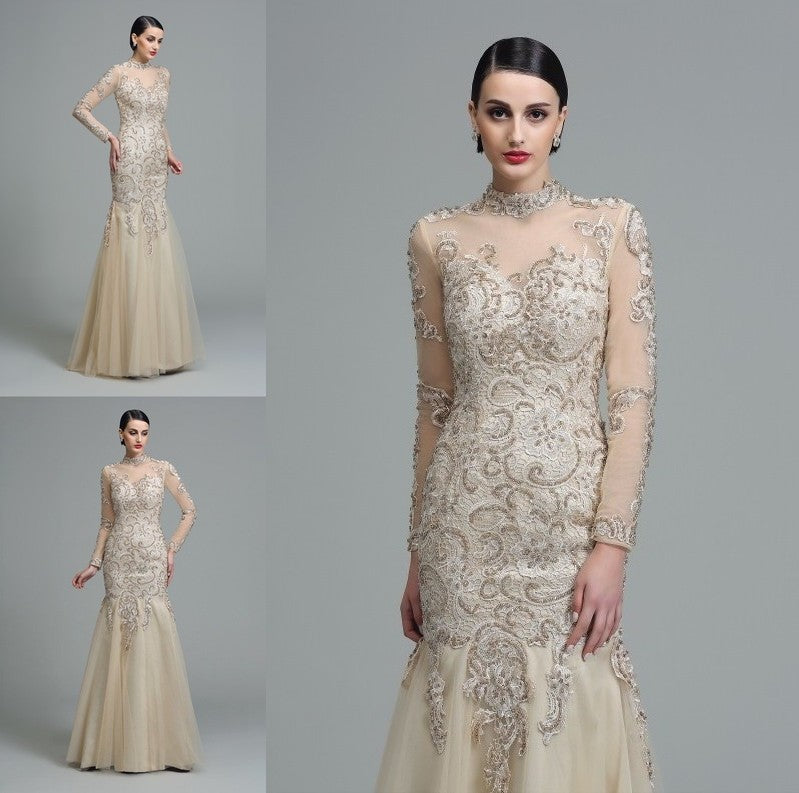 Sheath/Column High Neck Applique Long Sleeves Long Net Dresses DFP0001989