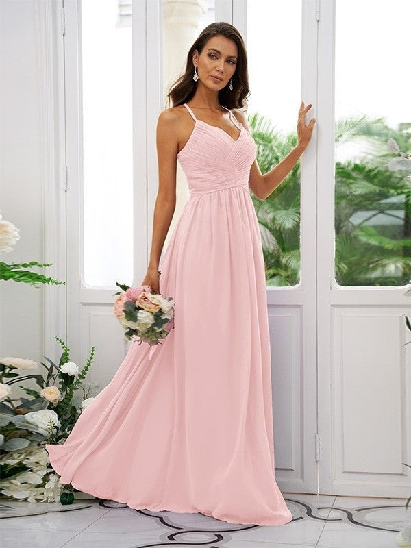 A-Line/Princess Chiffon Ruched V-neck Sleeveless Floor-Length Bridesmaid Dresses DFP0004928
