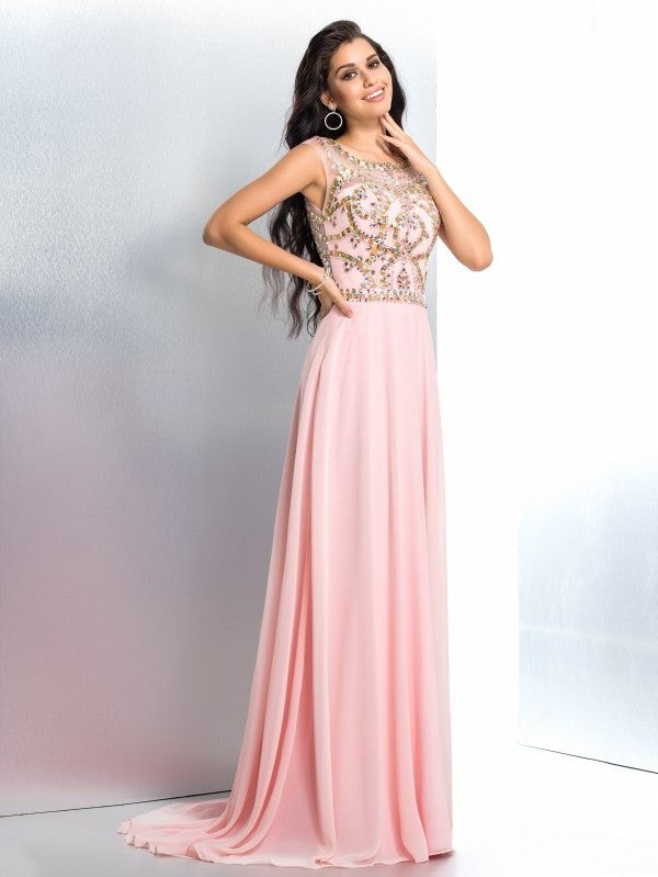 A-Line/Princess Scoop Beading Sleeveless Long Chiffon Dresses DFP0002980