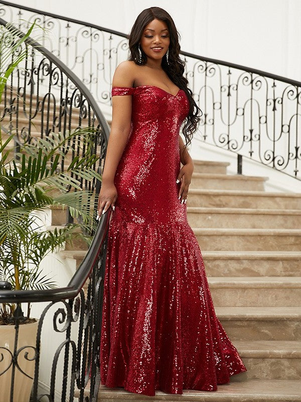 Trumpet/Mermaid Sequins Ruffles Off-the-Shoulder Sleeveless Floor-Length Dresses DFP0001616