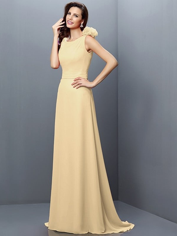 A-Line/Princess Bateau Hand-Made Flower Sleeveless Long Chiffon Bridesmaid Dresses DFP0005638
