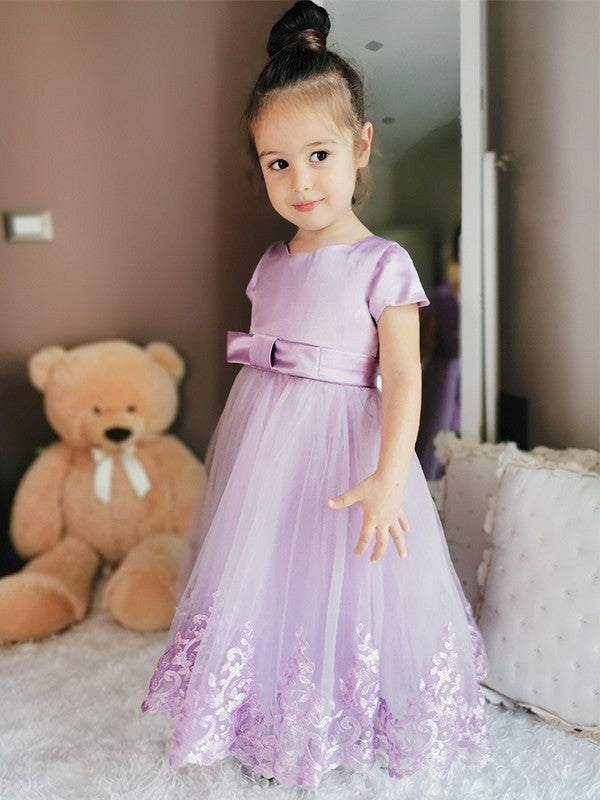 A-Line/Princess Tulle Lace Scoop Short Sleeves Ankle-Length Flower Girl Dresses DFP0007467