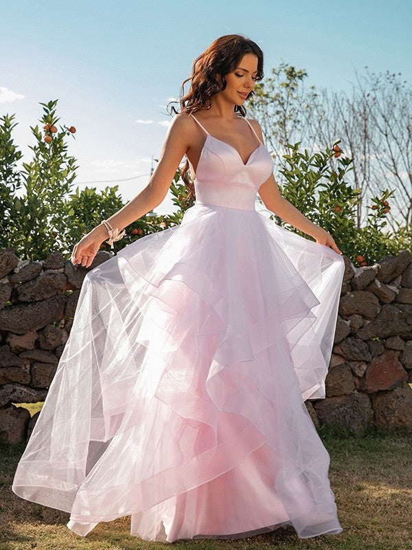 A-Line/Princess Tulle Ruffles V-neck Sleeveless Floor-Length Dresses DFP0001569