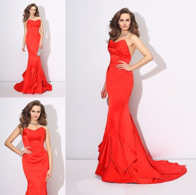 Trumpet/Mermaid Sweetheart Layers Sleeveless Long Satin Dresses DFP0003893