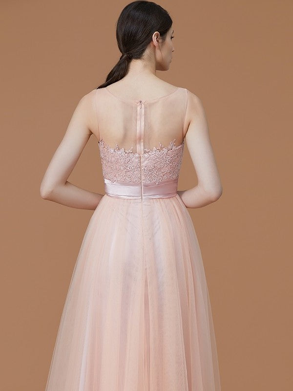 A-Line/Princess Bateau Sleeveless Floor-Length Applique Tulle Bridesmaid Dresses DFP0005365