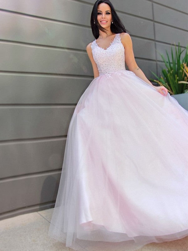 A-Line/Princess V-neck Sleeveless Applique Tulle Floor-Length Dresses DFP0001522