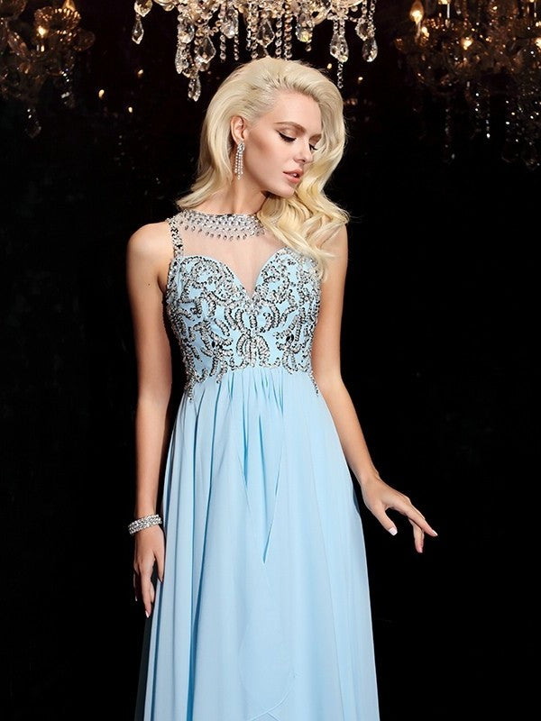 A-line/Princess Scoop Beading Sleeveless Long Chiffon Dresses DFP0002926