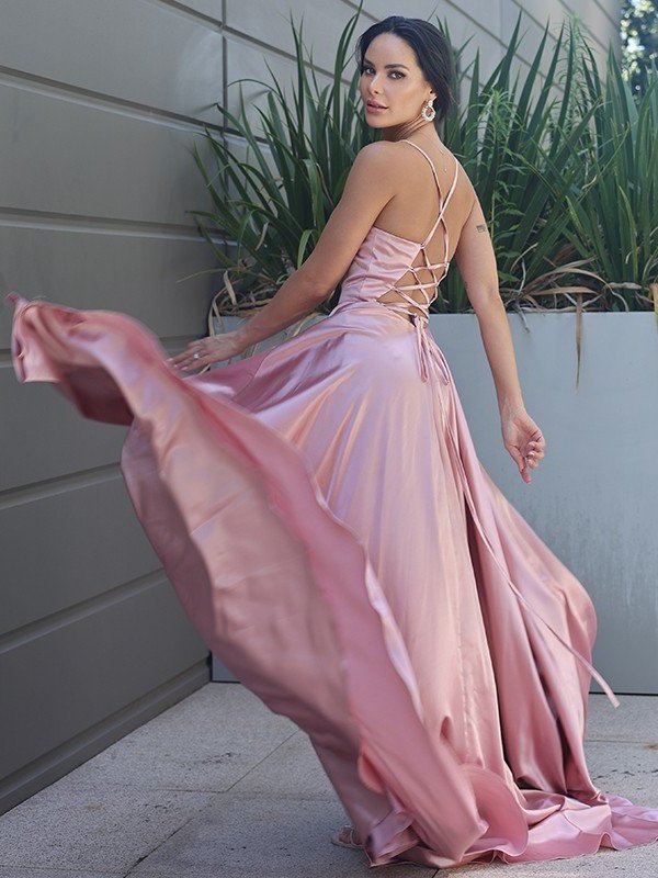 A-Line/Princess Silk like Satin Ruffles V-neck Sleeveless Sweep/Brush Train Dresses DFP0001612