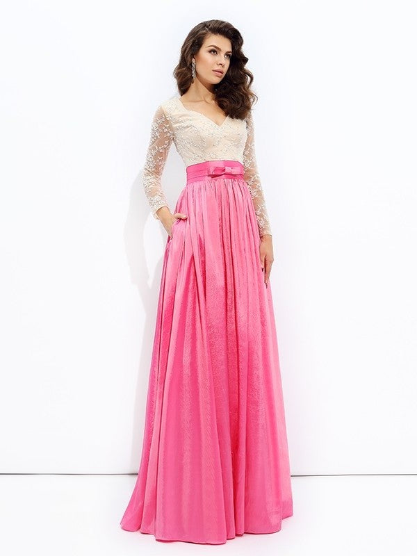 A-line/Princess V-neck Lace Long Sleeves Long Taffeta Dresses DFP0002868