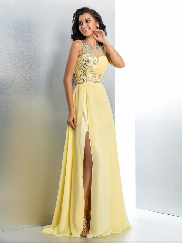 A-Line/Princess Sheer Neck Beading Sleeveless Long Chiffon Dresses DFP0002378