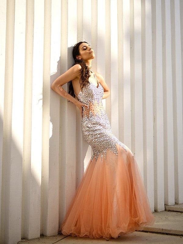 Trumpet/Mermaid V-neck Sleeveless Tulle Floor-Length Sequin Dresses DFP0001956