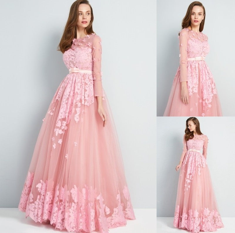 A-Line/Princess Scoop 3/4 Sleeves Floor-Length Applique Tulle Dresses DFP0002409