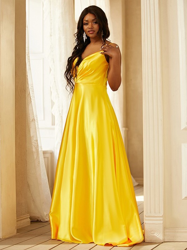 A-Line/Princess Silk like Satin Ruched V-neck Sleeveless Sweep/Brush Train Dresses DFP0001614