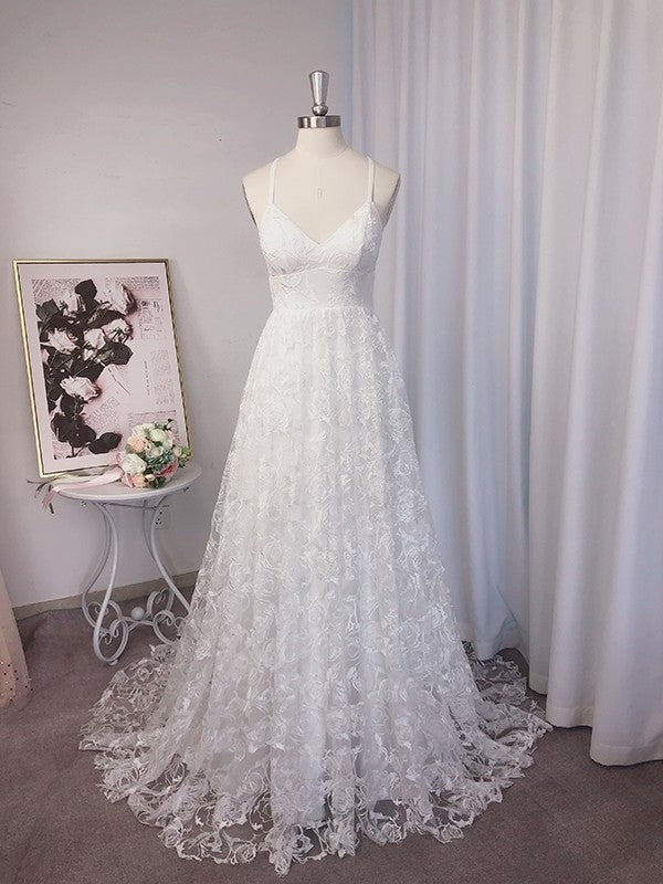 A-Line/Princess Lace Applique V-neck Sleeveless Sweep/Brush Train Wedding Dresses DFP0006060