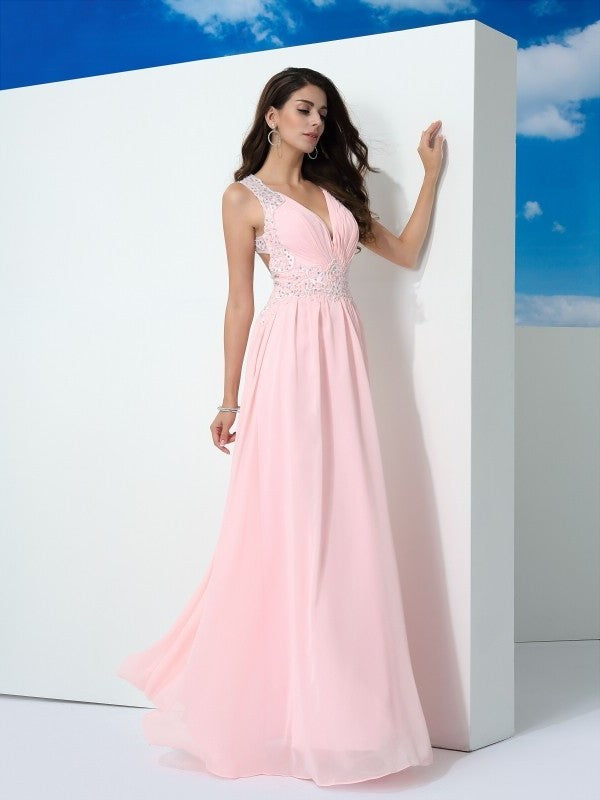 A-Line/Princess Straps Beading Sleeveless Long Chiffon Dresses DFP0002549