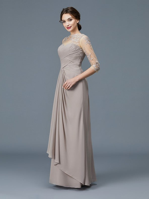 A-Line/Princess Sheer Neck 3/4 Sleeves Ruffles Chiffon Floor-Length Mother of the Bride Dresses DFP0007219