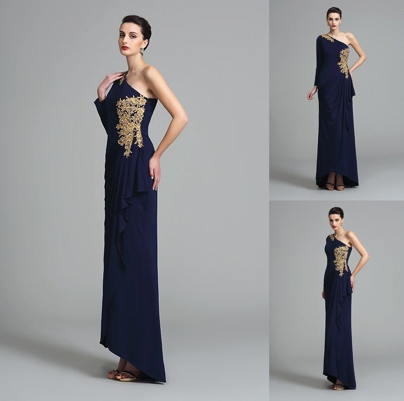 Sheath/Column One-Shoulder Embroidery Long Sleeves Long Spandex Dresses DFP0004047