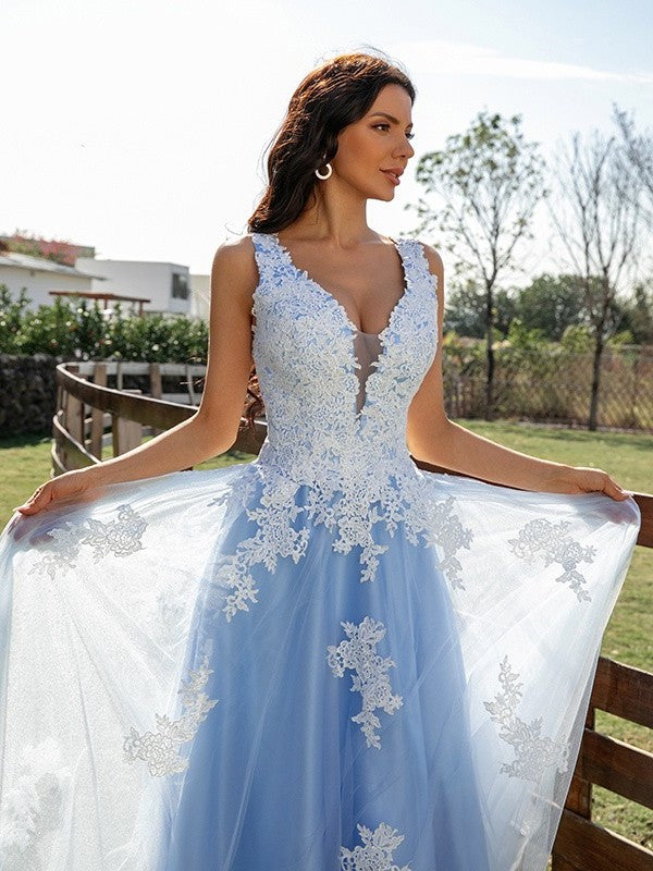 A-Line/Princess Tulle Applique V-neck Sleeveless Sweep/Brush Train Dresses DFP0001441