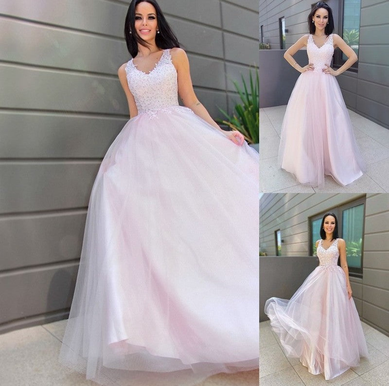 A-Line/Princess V-neck Sleeveless Applique Tulle Floor-Length Dresses DFP0001522