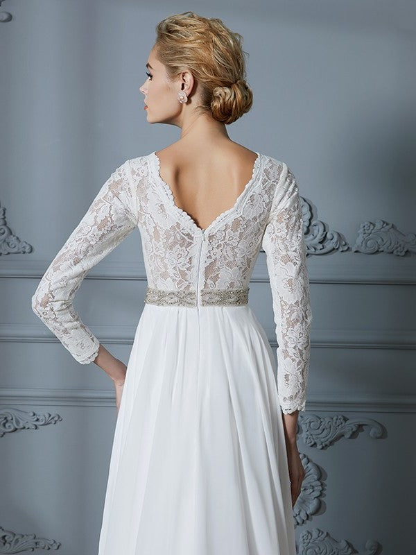 A-Line/Princess 3/4 Sleeves V-neck Lace Sweep/Brush Train Chiffon Wedding Dresses DFP0006390