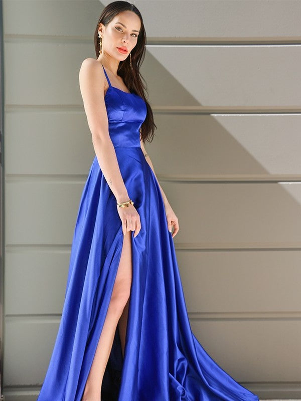 A-Line/Princess Spaghetti Straps Elastic Woven Satin Sleeveless Ruffles Sweep/Brush Train Dresses DFP0001548