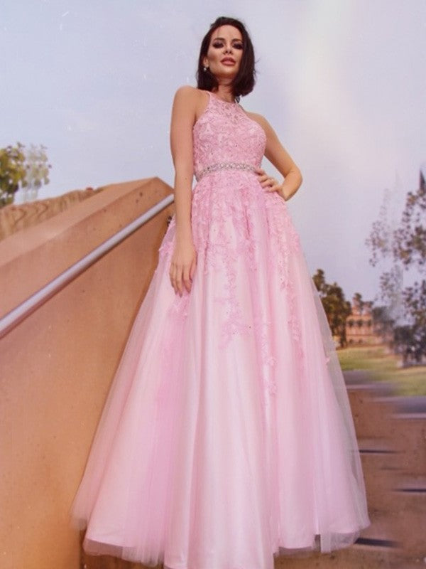 A-Line/Princess Tulle Applique Halter Sleeveless Floor-Length Dresses DFP0001607