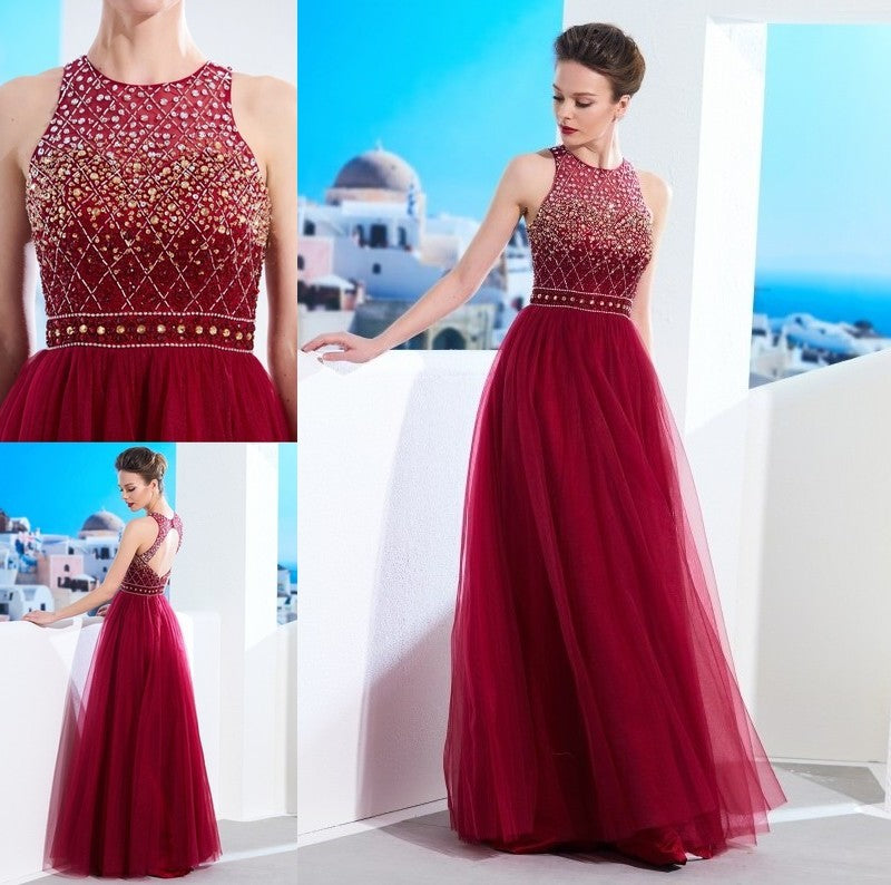 A-Line/Princess Scoop Sleeveless Floor-Length Beading Tulle Dresses DFP0002471