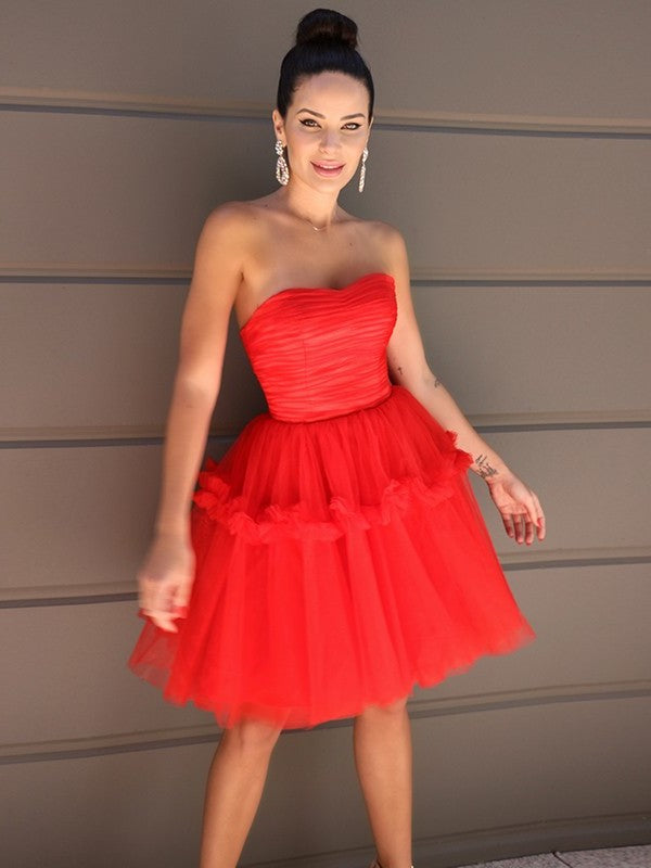 A-Line/Princess Strapless Tulle Ruffles Sleeveless Short/Mini Homecoming Dresses DFP0004466