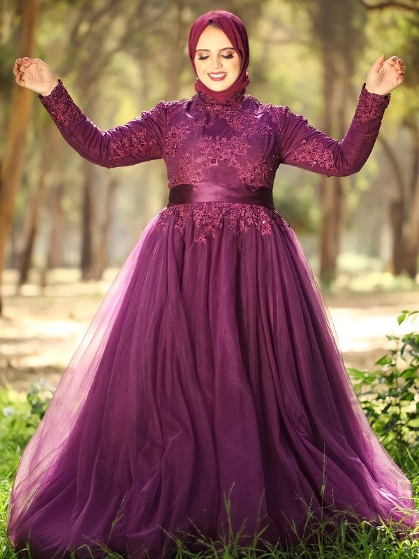 Ball Gown High Neck Tulle Applique Long Sleeves Sweep/Brush Train Muslim Dresses DFP0004669