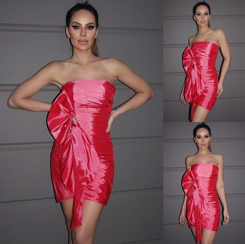 Sheath/Column Taffeta Bowknot Strapless Sleeveless Short/Mini Homecoming Dresses DFP0004806