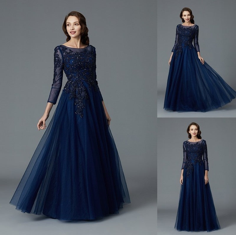 A-Line/Princess Long Sleeves Scoop Beading Floor-Length Tulle Mother of the Bride Dresses DFP0007069