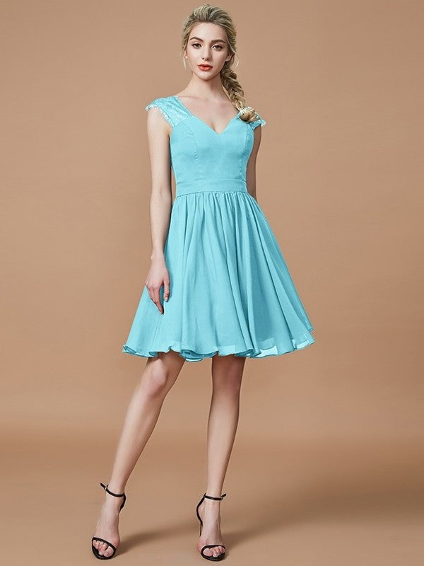 A-Line/Princess V-neck Chiffon Knee-Length Bridesmaid Dresses DFP0005411