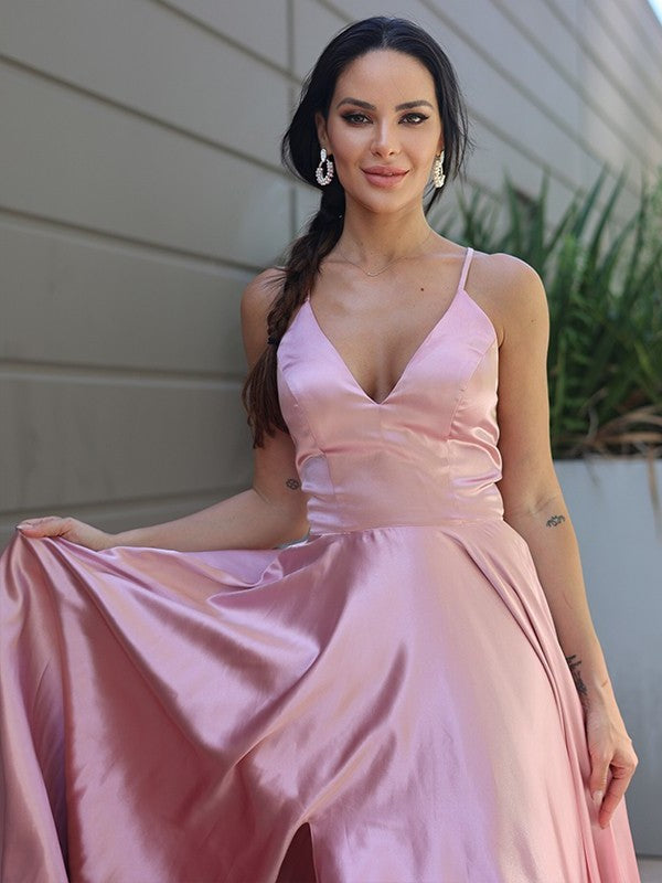 A-Line/Princess Silk like Satin Ruffles V-neck Sleeveless Sweep/Brush Train Dresses DFP0001612