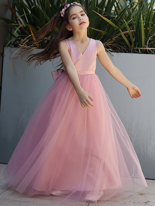 A-Line/Princess Tulle Bowknot V-neck Sleeveless Floor-Length Flower Girl Dresses DFP0007496