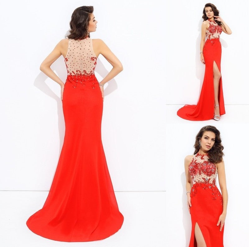 Sheath/Column Jewel Beading Sleeveless Long Chiffon Dresses DFP0002737